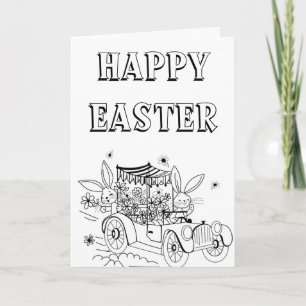 Cute Vintage Driving Bunny's Easter Card to Color 
