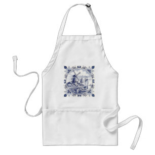 Cute Vintage Dutch Windmill Sailboat Delft Blue Adult Apron