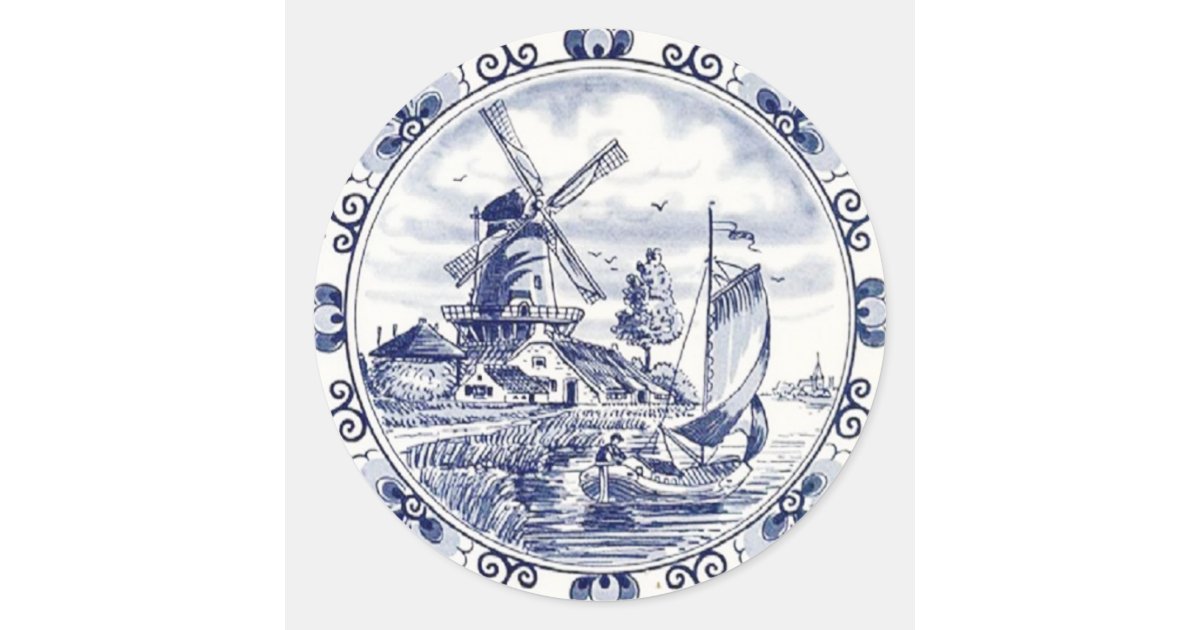 Cute Vintage Dutch Windmill Sailboat Delft Blue Classic Round Sticker ...
