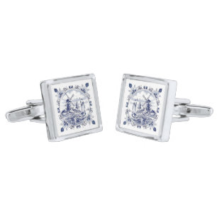 Cute Vintage Dutch Windmill Sailboat Delft Blue Cufflinks