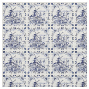 Tile Fabric Remnant 10 12 x 56 Wooden Shoes Windmill Dutch Delft Blue Cotton
