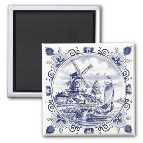 Cute Vintage Dutch Windmill Sailboat Delft Blue Magnet