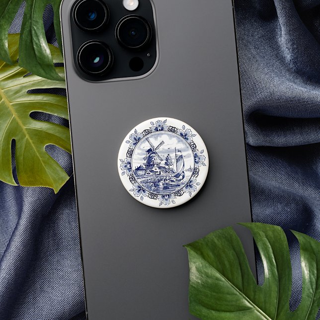 Cute Vintage Dutch Windmill Sailboat Delft Blue PopSocket (Creator Uploaded)