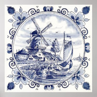 Cute Vintage Dutch Windmill Sailboat Delft Blue Poster