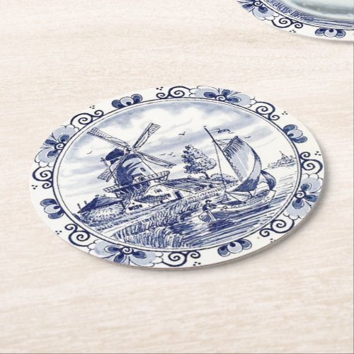 Cute Vintage Dutch Windmill Sailboat Delft Blue Round Paper Coaster