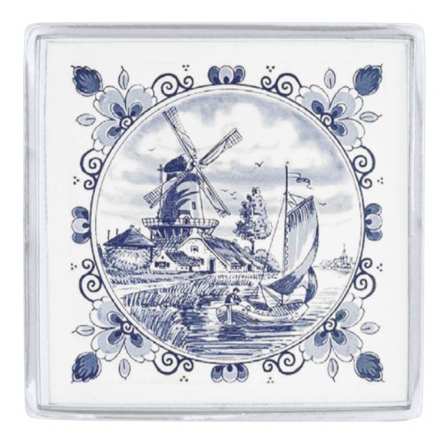 Cute Vintage Dutch Windmill Sailboat Delft Blue Silver Finish Lapel Pin