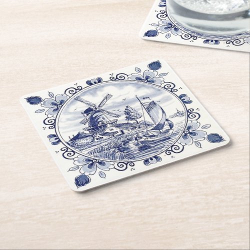 Cute Vintage Dutch Windmill Sailboat Delft Blue Square Paper Coaster