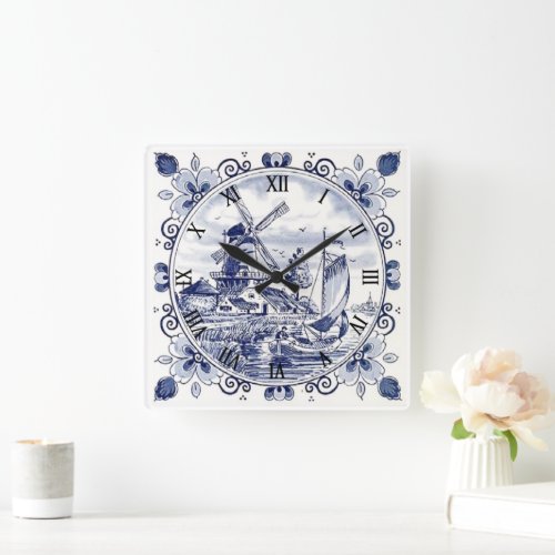 Cute Vintage Dutch Windmill Sailboat Delft Blue Square Wall Clock