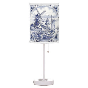 Cute Vintage Dutch Windmill Sailboat Delft Blue Table Lamp