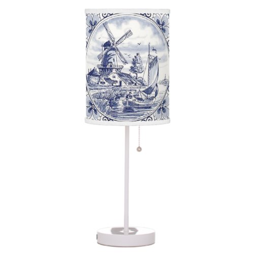 Cute Vintage Dutch Windmill Sailboat Delft Blue Table Lamp