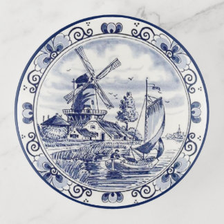 Cute Vintage Dutch Windmill Sailboat Delft Blue Trinket Tray