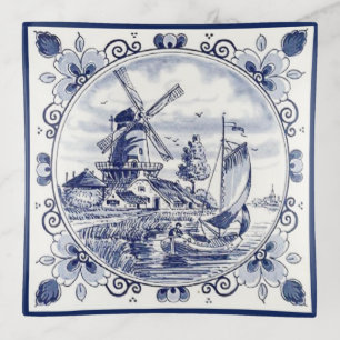 Cute Vintage Dutch Windmill Sailboat Delft Blue Trinket Tray