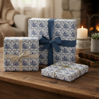 Cute Vintage Dutch Windmill Sailboat Delft Blue Wrapping Paper
