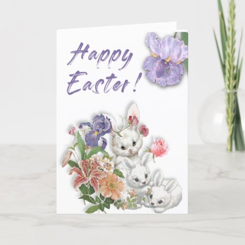 Cute Vintage Easter Bunnies and Flowers Holiday Card