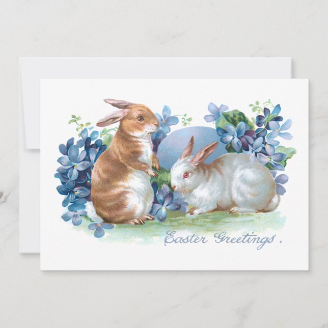 Cute Vintage Easter Bunnies & Blue Forget Me Nots Holiday Card (Front)