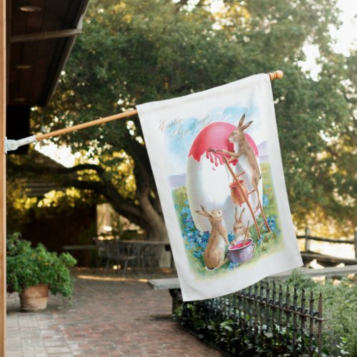 Cute Vintage Easter Bunnies Painting Giant Egg House Flag