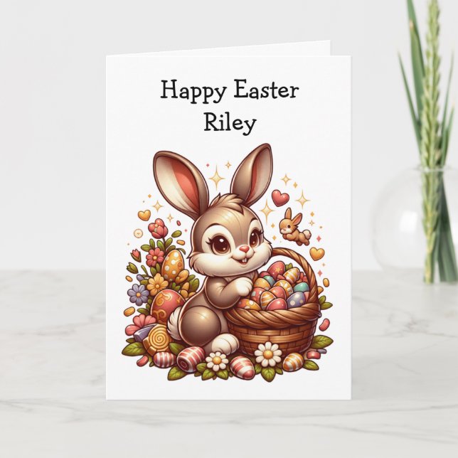 Cute Vintage Easter Bunny, Basket and Eggs Card (Front)
