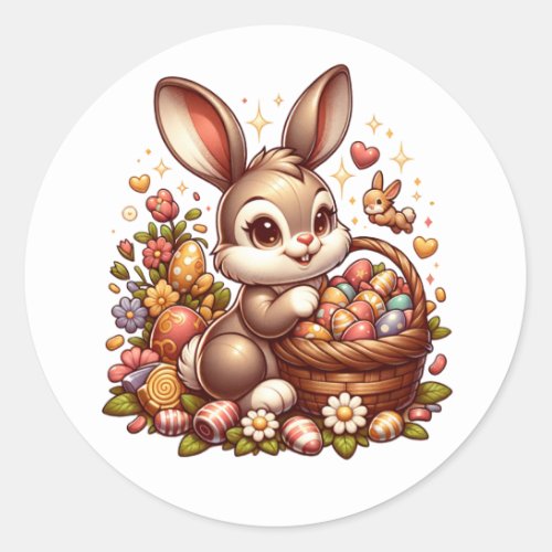 Cute Vintage Easter Bunny Basket and Eggs Classic Round Sticker