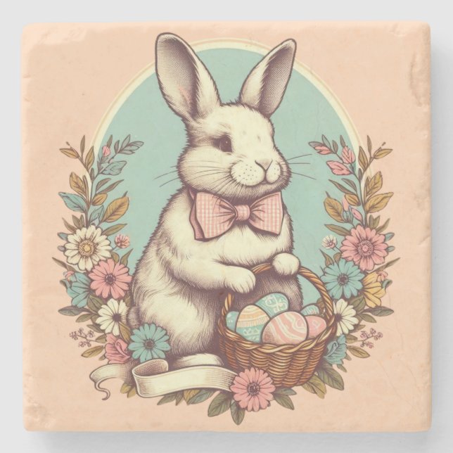 Cute, vintage Easter bunny/egg/basket  Stone Coaster (Front)
