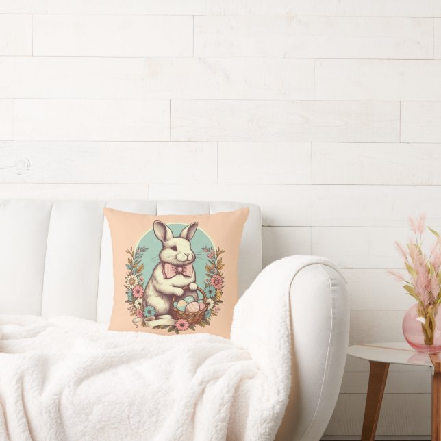Cute, vintage Easter bunny/egg/basket  Throw Pillow (Couch)
