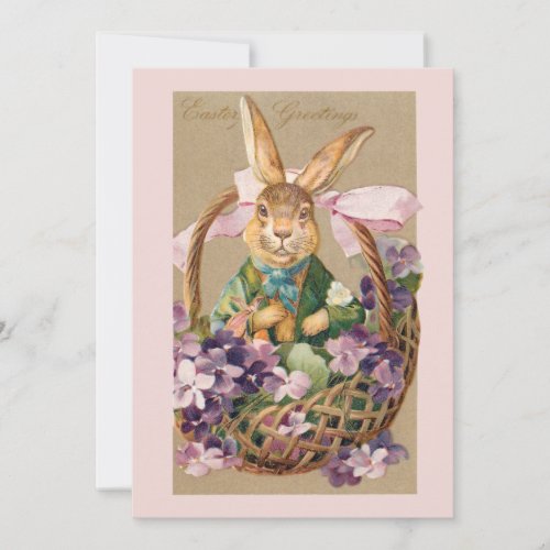 Cute Vintage Easter Bunny in Basket with Violets Holiday Card
