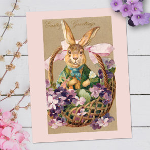 Cute Vintage Easter Bunny in Basket with Violets Postcard