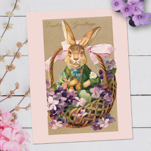 Cute Vintage Easter Bunny in Basket with Violets Postcard