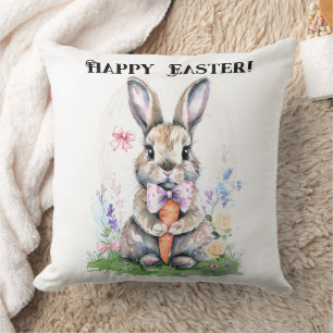 Cute Vintage Easter Bunny Rabbit Watercolor Throw Pillow