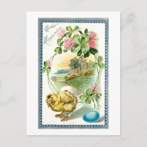 Cute Vintage Easter Chick Thistles Clover Postcard