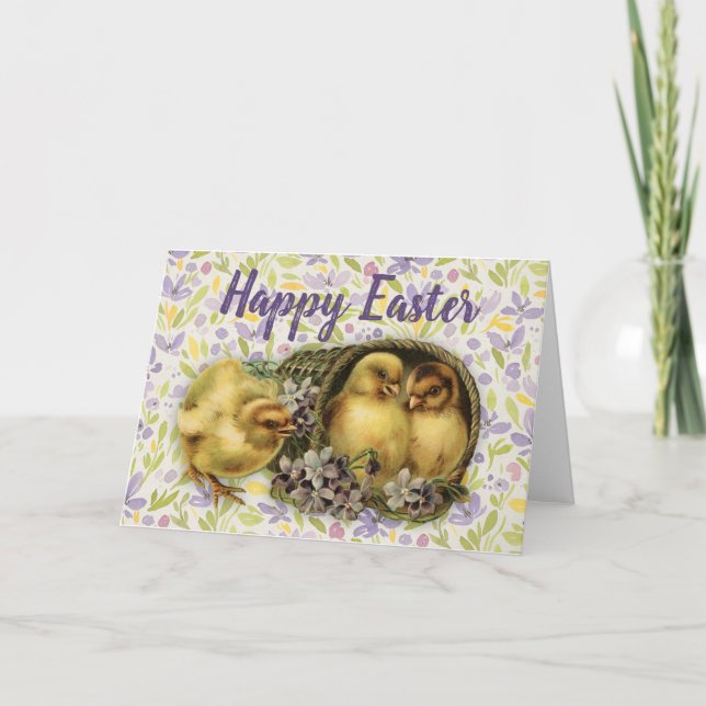 Cute Vintage Easter Chicks and Flowers Holiday Card (Front)