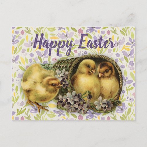 Cute Vintage Easter Chicks and Flowers Holiday Postcard