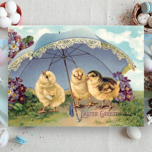 Cute Vintage Easter Chicks and Parasol Postcard