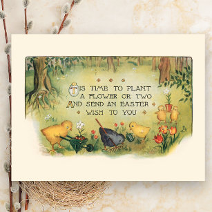 Cute Vintage Easter Chicks & Spring Flowers Postcard