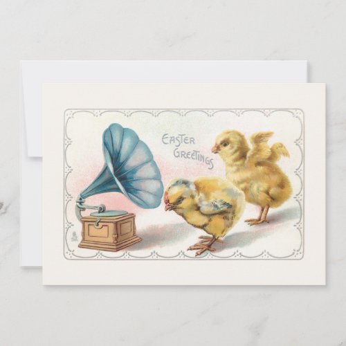 Cute Vintage Easter Chicks with Gramophone Holiday Card