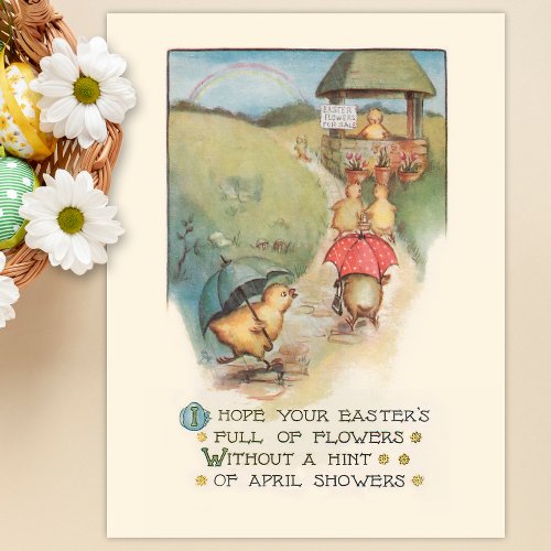 Cute Vintage Easter Chicks with Rainbow Postcard