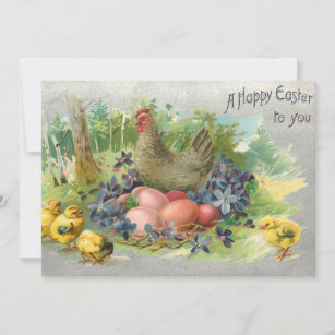 Cute Vintage Easter Eggs, Hen & Chicks Holiday Card