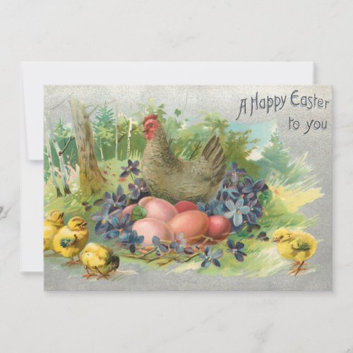 Cute Vintage Easter Eggs Hen  Chicks Holiday Card