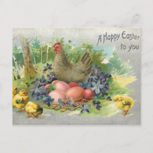 Cute Vintage Easter Eggs, Hen & Chicks Postcard