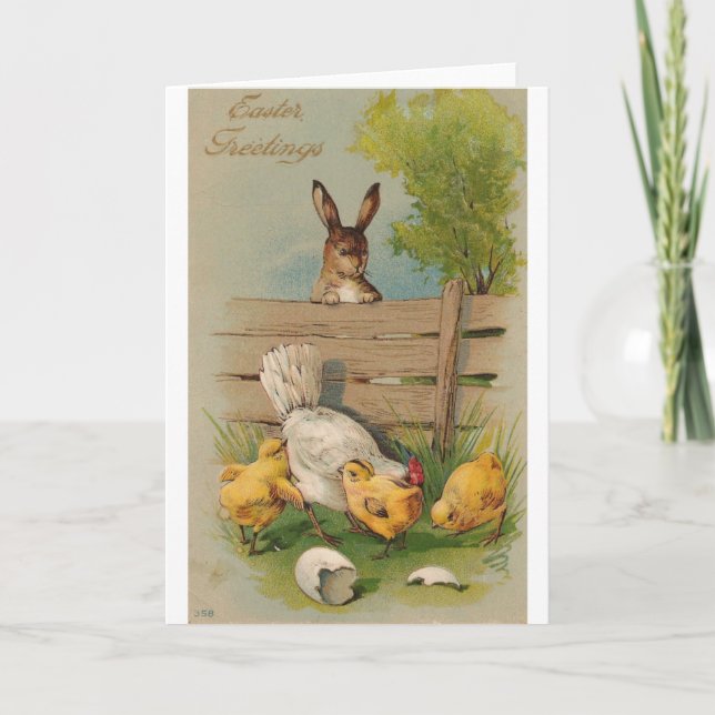 Cute Vintage Easter Greetings Card Bunny and Chick (Front)