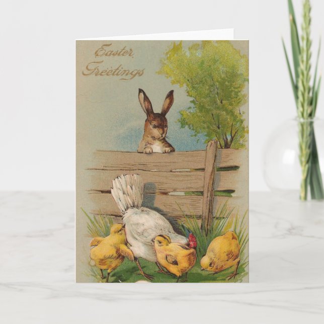 Cute Vintage Easter Greetings Card Bunny and Chick (Front)