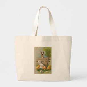 Cute Vintage Easter Greetings Card Bunny and Chick Large Tote Bag