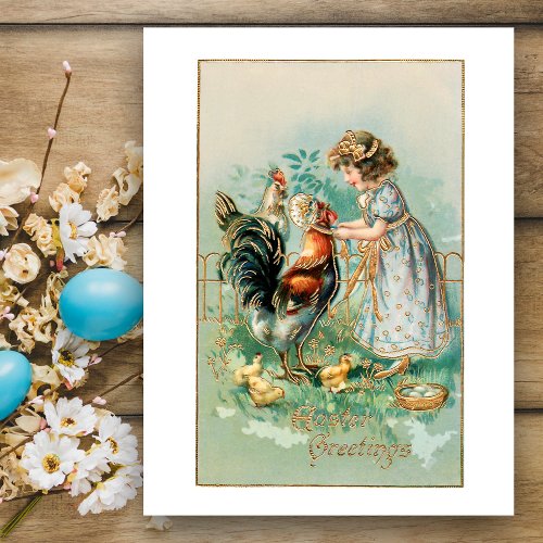 Cute Vintage Easter Greetings Farm Girl and Hens Postcard