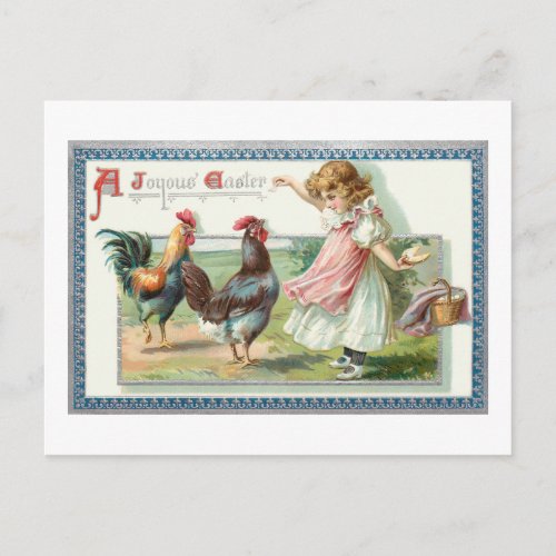 Cute Vintage Easter Hen Rooster  Girl Postcard
