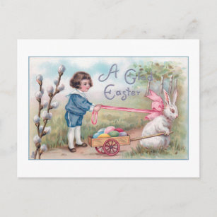 Cute Vintage Easter Rabbit, Boy, Eggs in Cart Postcard