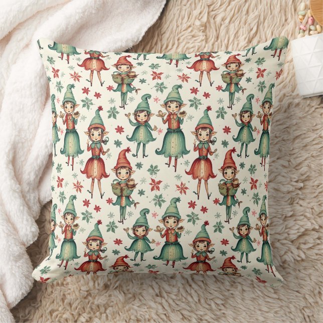 Cute Vintage Elves Christmas Seasonal  Throw Pillow (Blanket)