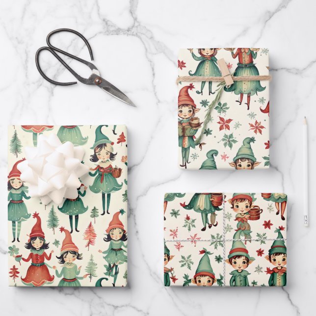 Cute Vintage Elves Christmas Seasonal  Wrapping Paper Sheets (Front)