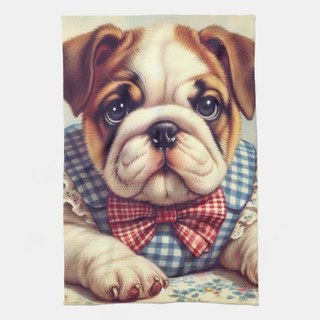 Cute Vintage English Bulldog Art Kitchen Towel (Vertical)