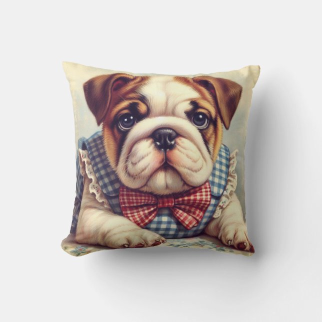 Cute Vintage English Bulldog Art Throw Pillow (Front)