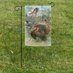 Cute Vintage Farm Girl with Thanksgiving Turkey Garden Flag