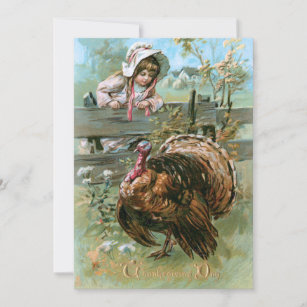 Cute Vintage Farm Girl with Thanksgiving Turkey Holiday Card